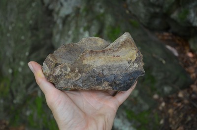 Hydrotermálně alterovaná - horkými roztoky částečně přeměněná vulkanická hornina.