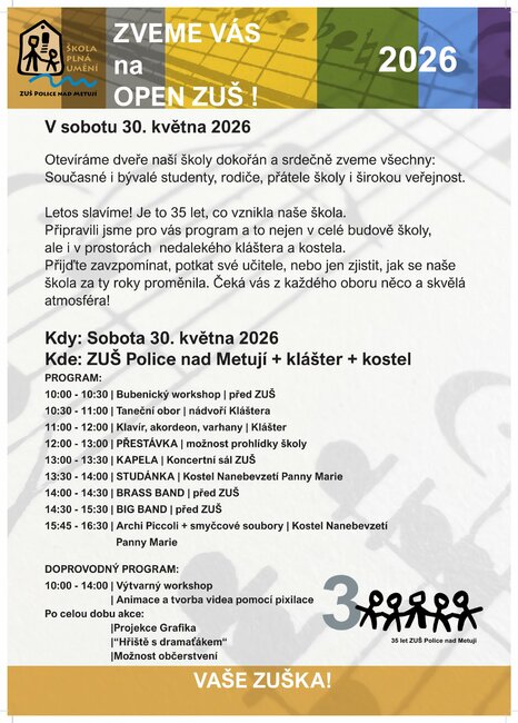 OPEN ZUŠ: Oslavy 35 let školy pro širokou veřejnost