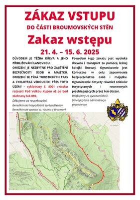 OMEZENÍ VSTUPU do části Broumovských stěn 21.4.-15.6.2025